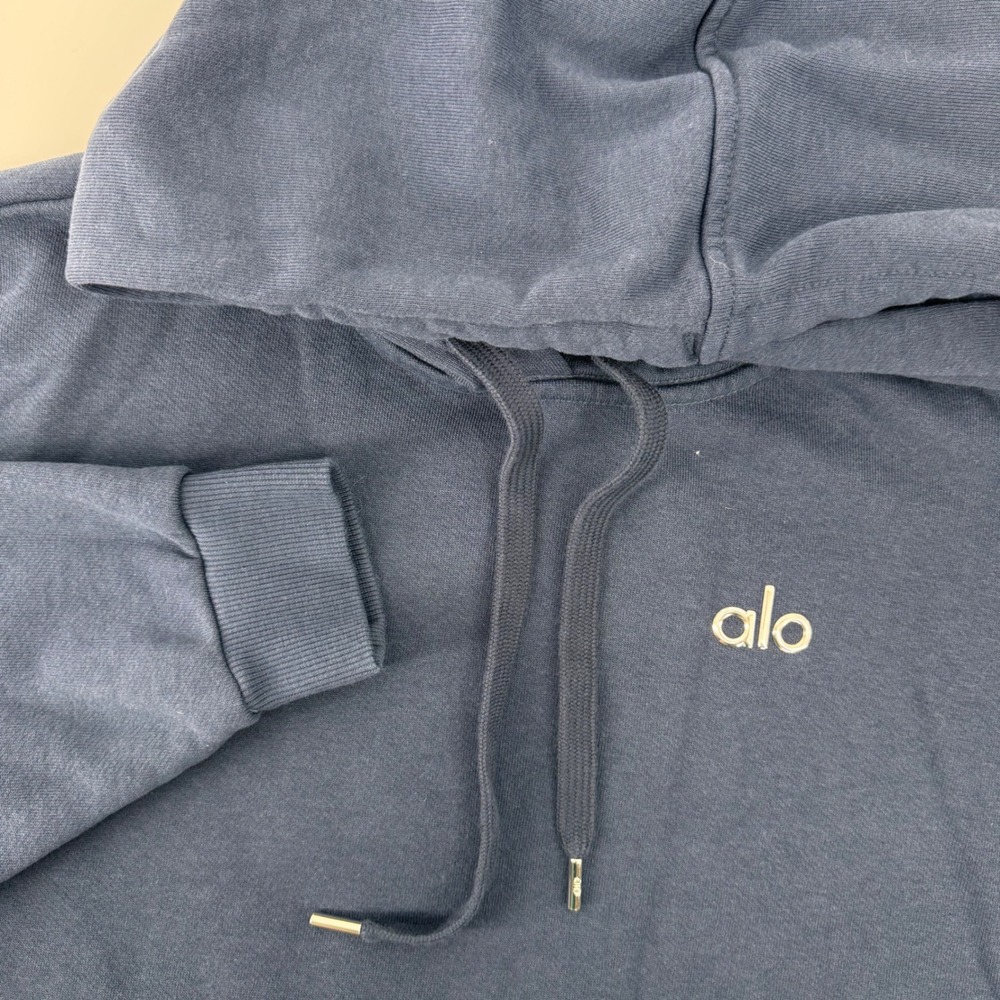 Alo Yoga Hoodie Mens Large Navy Blue Pullover Logo Long Sleeve Fleece Pocket